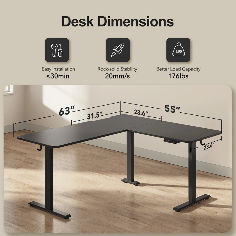 63" L-Shaped Standing Desk with Memory Height Controller, Adjustable Corner Desk for Home Office, Black/Black