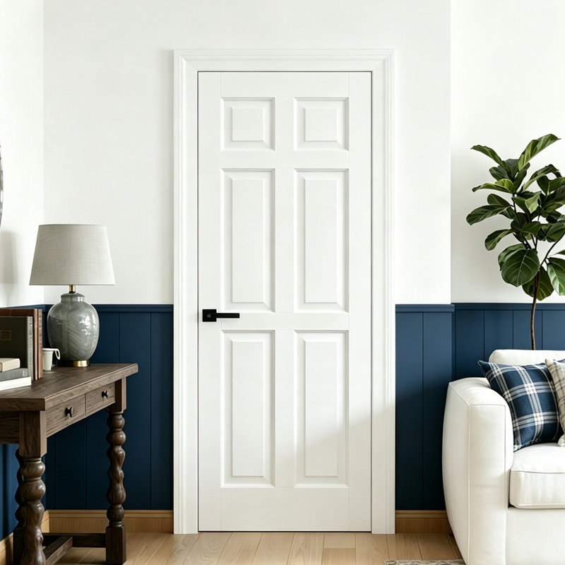 Panneau de porte intérieur à 6 panneaux creux - porte moulée apprêtée blanche avec poignée levier noire, 24" x 80"