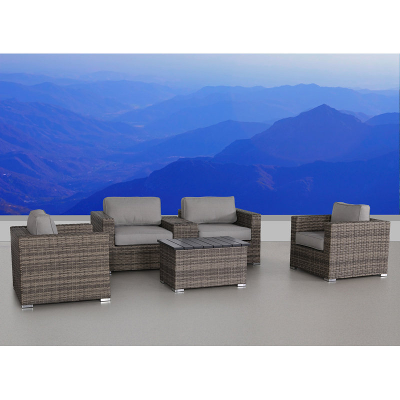 Ensemble de conversation en osier pour 4 personnes avec coussins Cherell