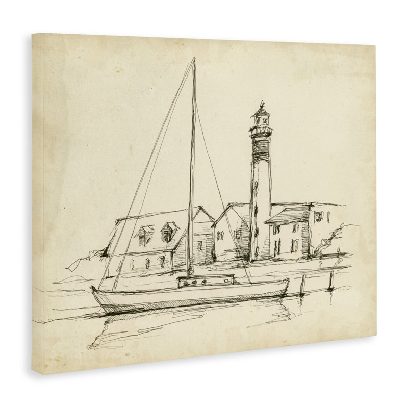 Phare et bateau, toile par Ethan Harper, H 36 po x l 48 po