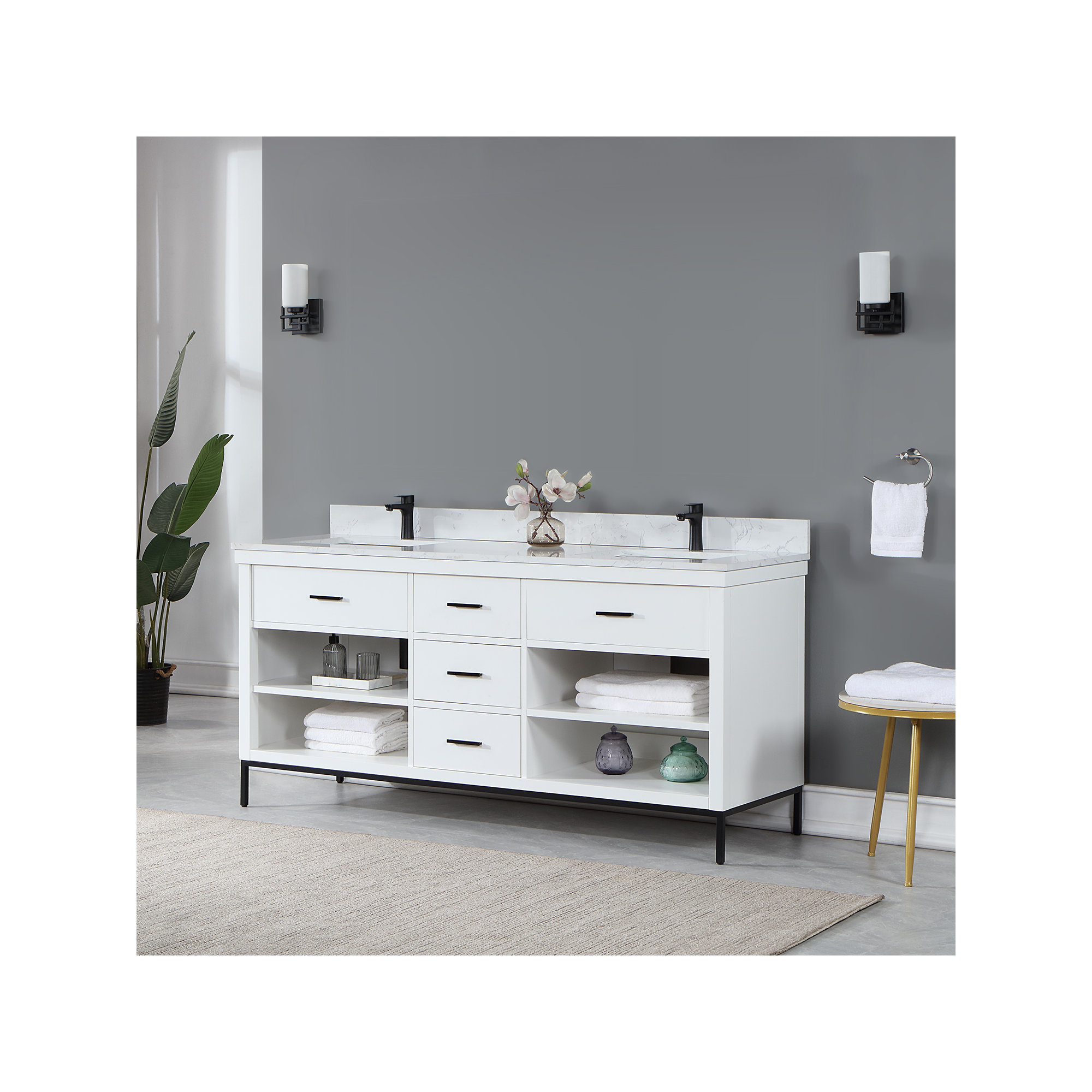 Adaire 72'' Double Bathroom Vanity, Matte Black, White
