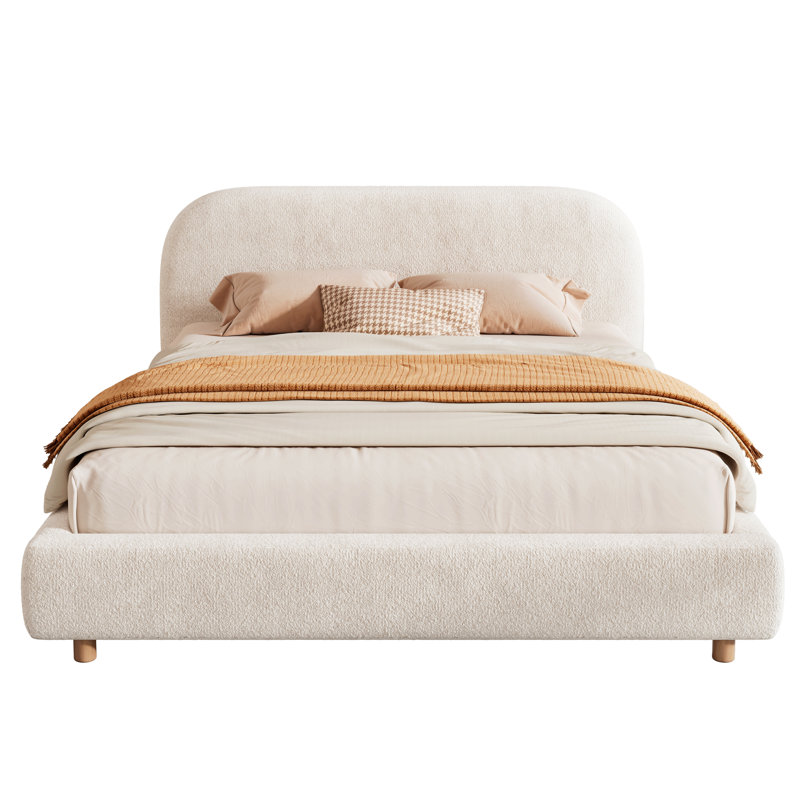 Lit plateforme avec tissu Boucle, lit plateforme tapissier Boucle Fabric avec tête de lit courbée, blanc, assemblage facile
