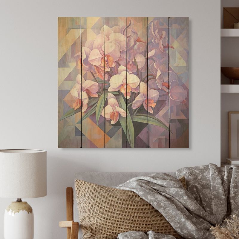 Élégante géométrie, bouquet mauve - Bouquet d'art mural en bois sur bois de pin naturel, H 25 po x l 25 po