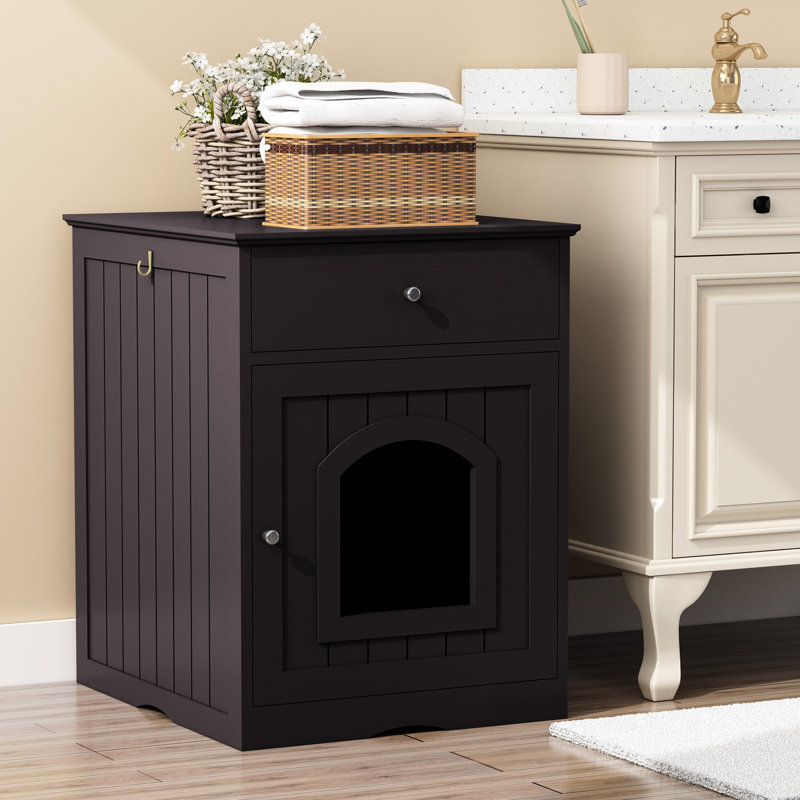 Enceinte de litière pour chat en bois massif avec table d'appoint et tiroir, caisse intérieure, table de chevet brune pour chats