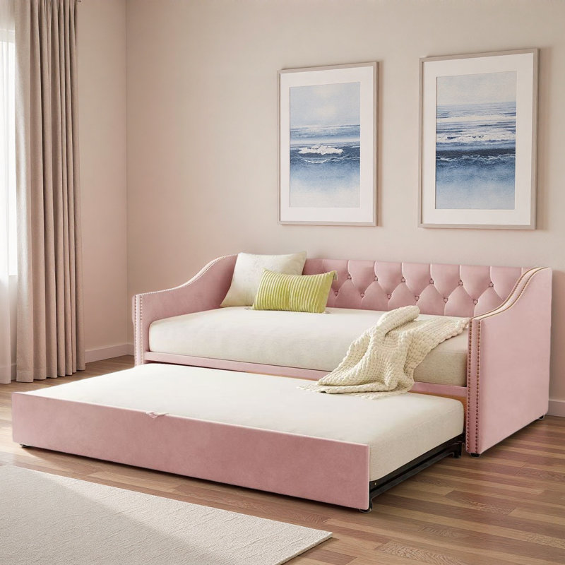 Upholstered Daybed With Pop Up Trundle, Pink