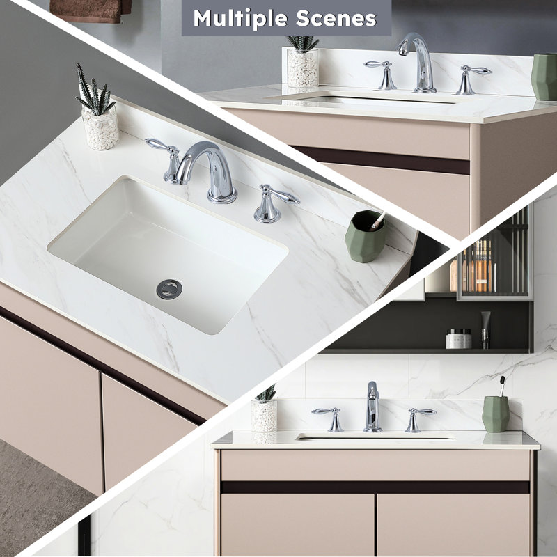 Dessus de meuble-lavabo de salle de bain blanc 37 po - Pierre frittée avec évier central rectangulaire, dosseret de 4 po, trous de robinet pré-percés, sophistication
