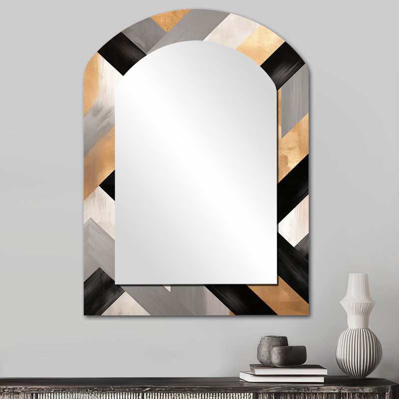 Carreaux géométriques noirs et dorés 3 - grand miroir asymétrique géométrique, miroir mural décoratif arche moderne, impression d'art en métal
