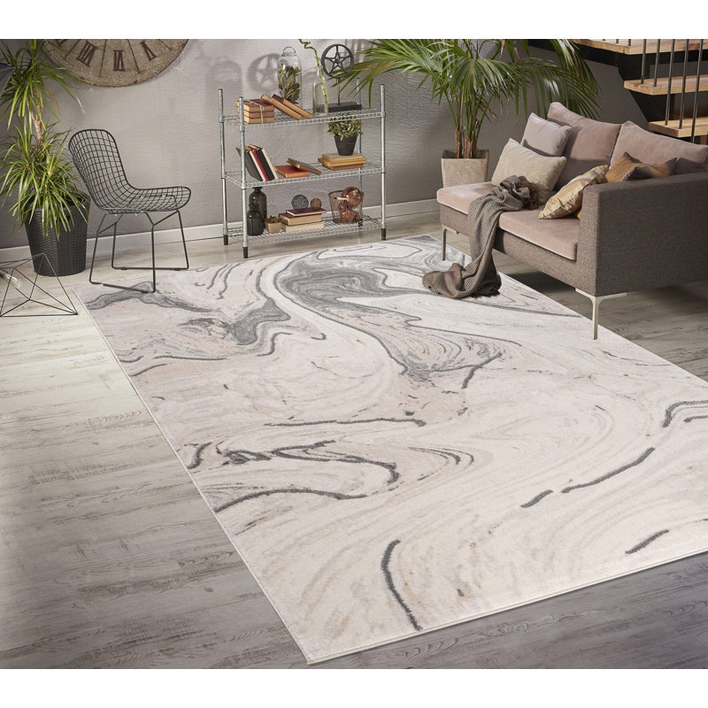 Tapis beige / gris en polypropylène tissé à la machine Joandry, Rectangle 6 pi 7 po x 9 pi 6 po