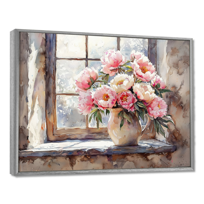 «Rustic Romance Peony Bouquet I», art mural pivoines pour le salon, H 16 po x l 32 po, Encadrement argenté