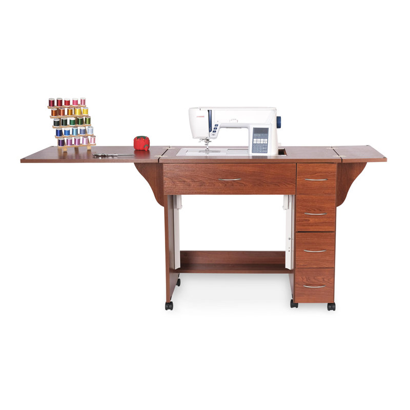 Teak Foldable Sewing Cabinet with Hydraulic Lift and Wheels