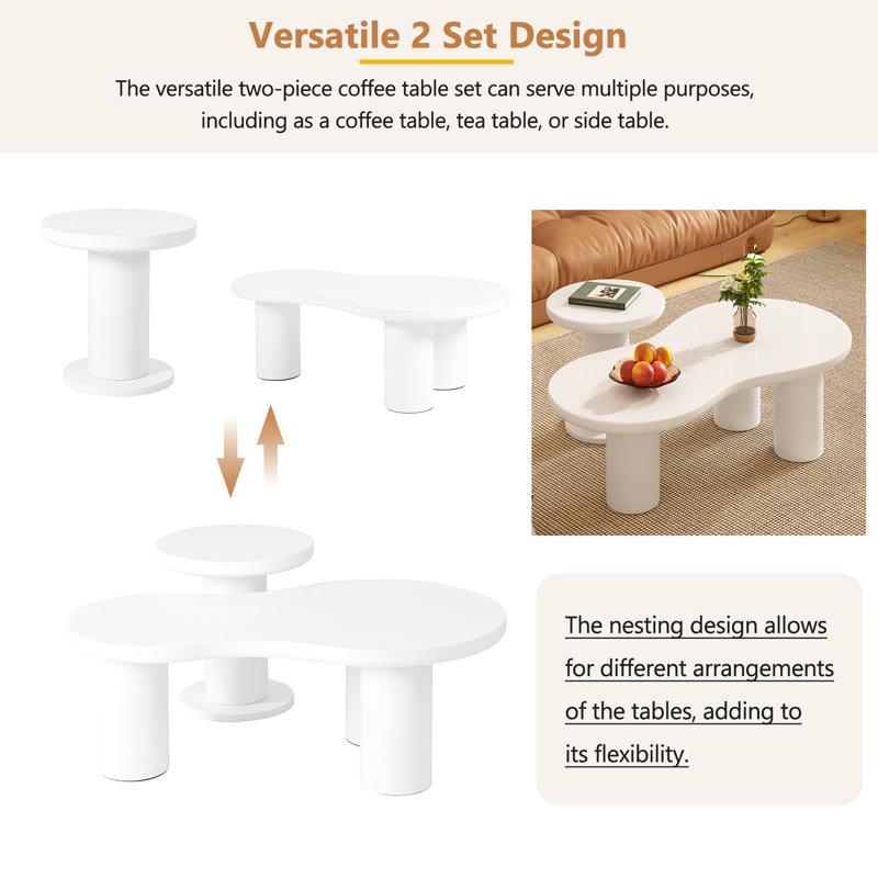 Easy Assembly Nesting Coffee Table Set of 2, Cream Style Cloud Coffee Table with Round Small Side Table, Irregular Centre Table with Thick Legs for Living Room, 39.3''x 13.7'',F15.7''