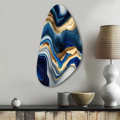 «Vibrant Blue and Gold Agate II», art mural asymétrique transitionnel en métal pour le salon, impression d'art moderne de forme irrégulière
