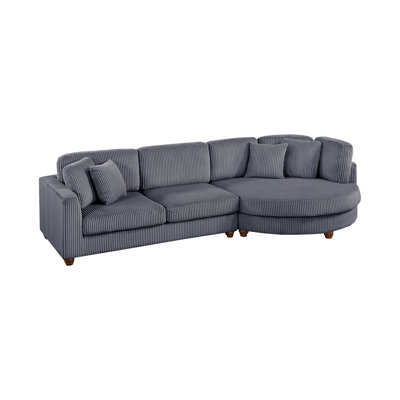 Contemporary 2Pc Sectional Set XL Plush Corduroy Fabric LAF Sofa RAF Round Chaise W Pillows Living Room Couch
