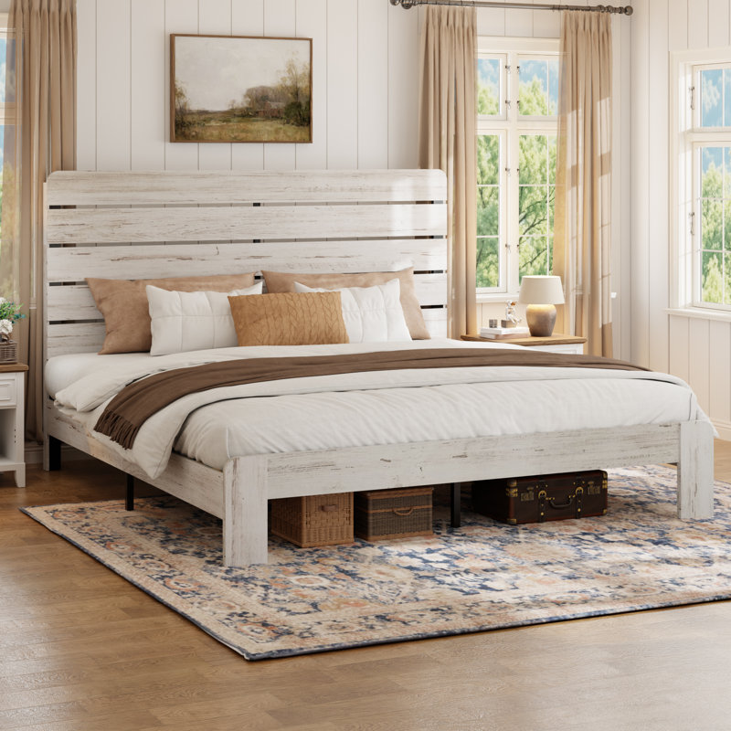 Wooden Bed Frame with Headboard, King, White