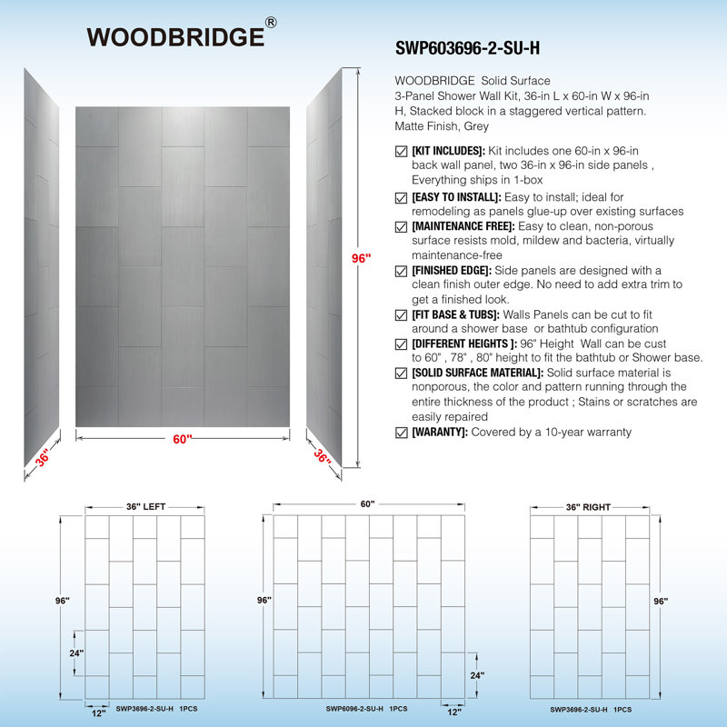 Bordure de panneau de douche à surface solide l 60 po x P 36 po / 75 po Lyon, découpable, épaisseur 0,138 po