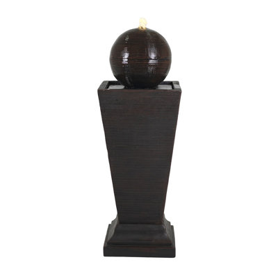 35.5"H Dark Brown Concrete Tall Column Fountain–LED Light Retro Outdoor Oasis, Resilient Decor Feature