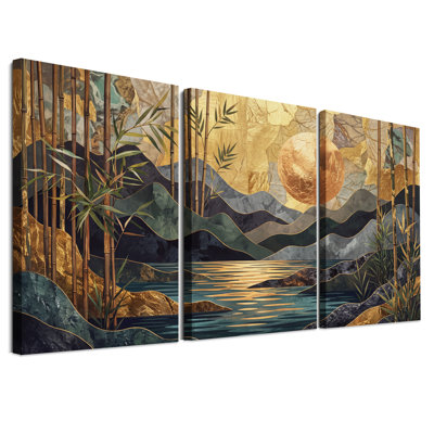 Lune dorée et forêt de bambou, ensemble de 3 toiles