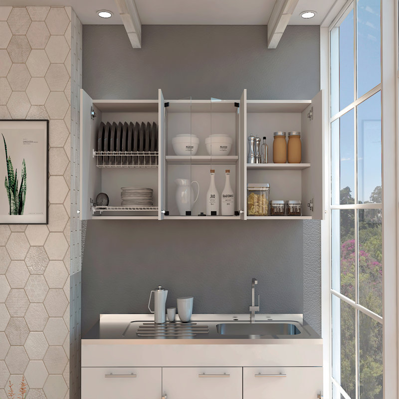 Armoire murale avec verre, quatre tablettes intérieures, deux portes doubles, Blanc