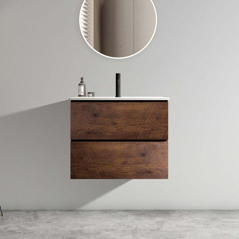 Meuble-lavabo mural moderne avec lavabo en céramique et 1 trou de robinet, Noyer