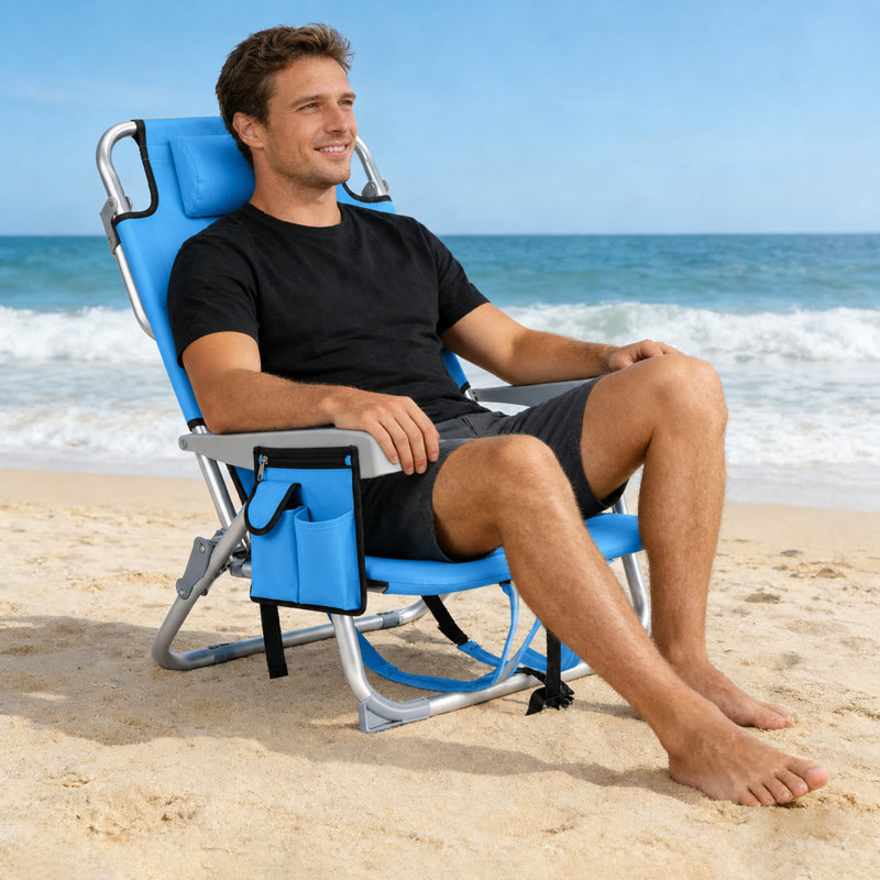 5-position Folding Beach Chair With Backpack Straps, Cup Holder & Storage Pockets