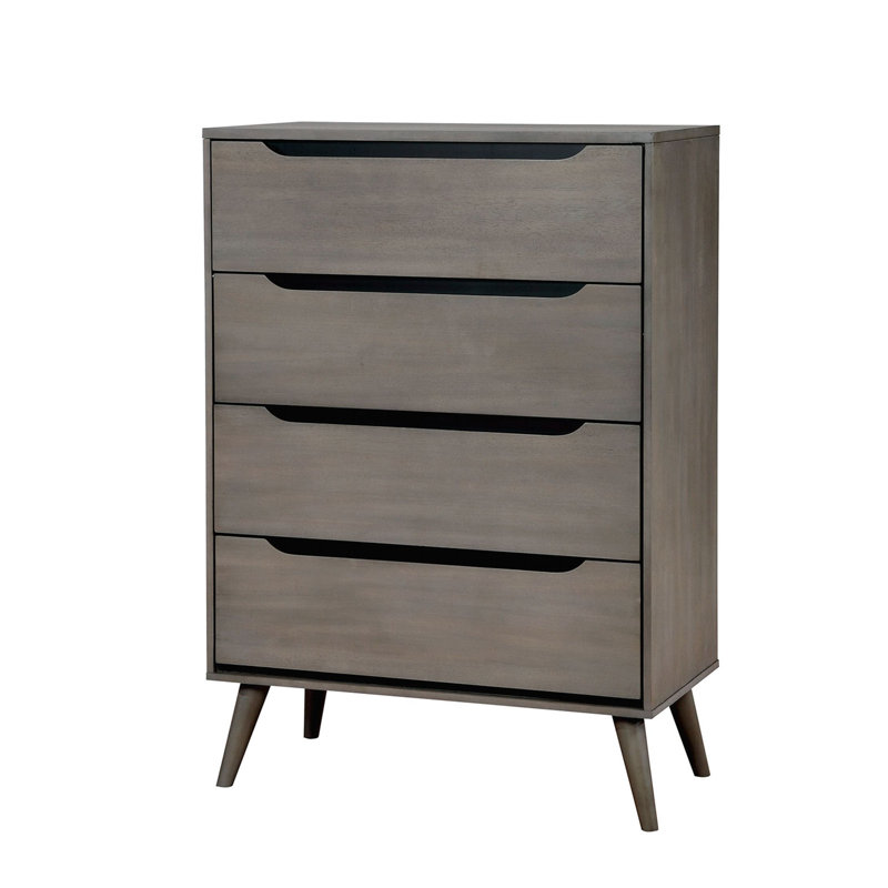 Commode ronde moderne de style Mid-Century avec pieds fuselés et quatre tiroirs encastrés, finition grise, Gris