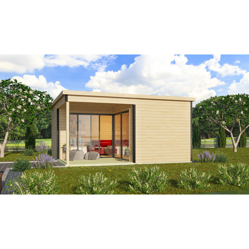 Lasita Domeo 6 Loggia 16.5 x 16.5 Ft. Premium Corner Log Cabin With Aluminium Sliding Doors (44mm), Brown