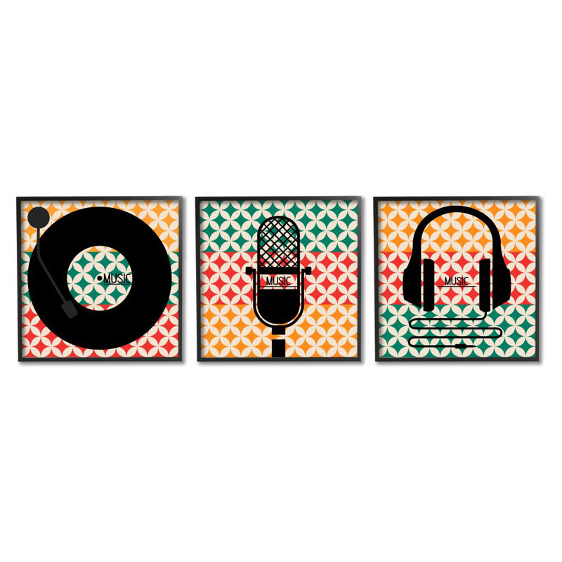 Symboles emblématiques de la musique avec motif géométrique coloré par Enrique Rodriquez - ensemble de 3 impressions