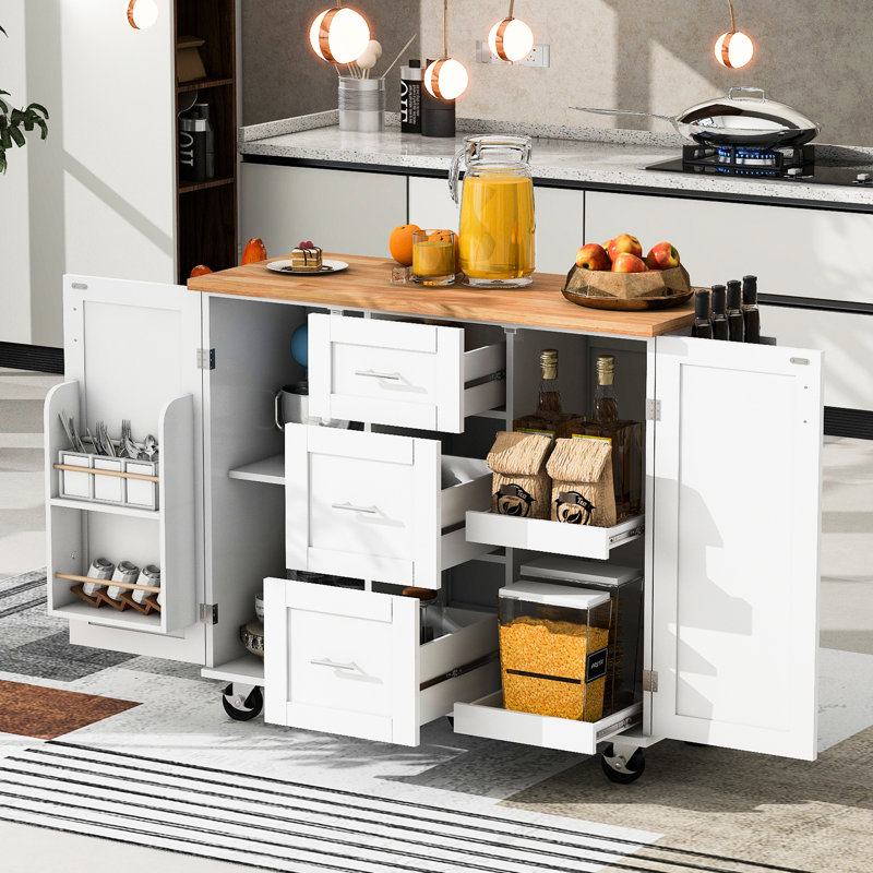 European Style Kitchen Island With Shelves - 3 Drawers, 2 Slide-Out Shelves, White, Rubber Wood Top, , Stylish Organization, 17"D X 50"W White On Wheels Tower Rack Drawer, Shelf, Internal Rack, Wood,