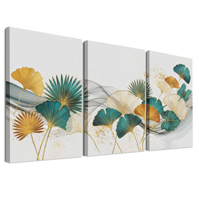 Ensemble de 3 toiles bleu sarcelle et ginkgo et feuilles de palmier