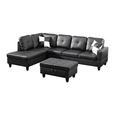 Tufted Black Faux Leather Sectional Sofa Set With Storage Ottoman, Reversible L-Shape Chaise, 5-Piece Upholstered Corner Couch For Living Room, Apartment, Office