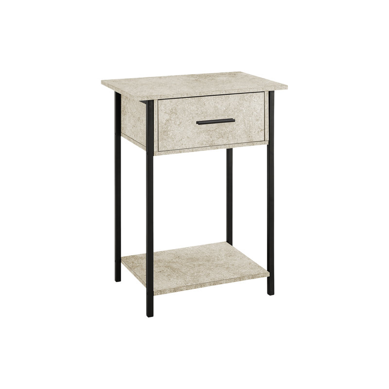 Stylish 2 Tier End Table With Storage - Black Metal & Cream Stone Laminate For Living Room 24" High Drawer