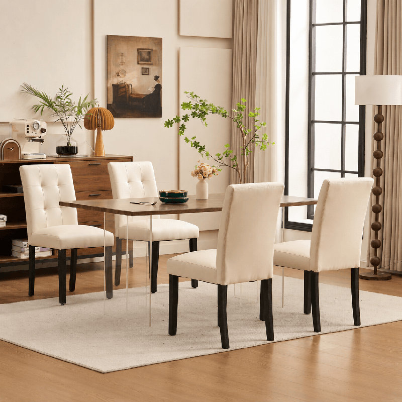 Faux Leather Upholstered Dining Chairs with Wood Legs, Beige, 2