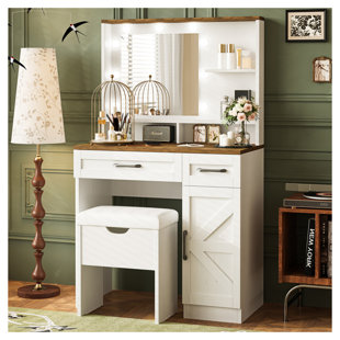 Farmhouse Makeup Vanity Desk with Mirror and Lights, 3 Lighting Modes, Vanity Set with Stool, Dressing Table with Adjustable Shelves,2 Drawers and Side Cabinet for Bedroom, White