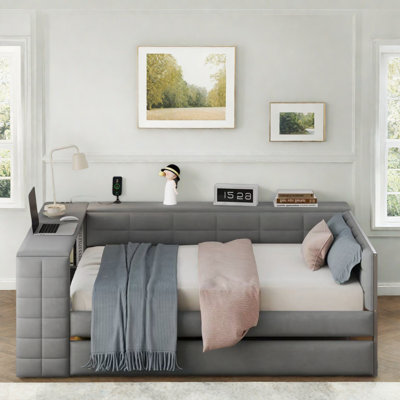 Upholstered Daybed With Storage Shelves, Desk, Charging Station And Trundle