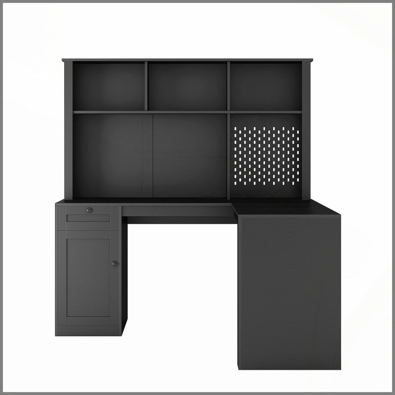 Bureau en L avec chargeur, bureau d'ordinateur avec tiroirs, bibliothèque, bureau d'angle moderne, bureau à domicile, bureau d'écriture en L, bureau d'ordinateur en fibre de carbone avec rangement, noir