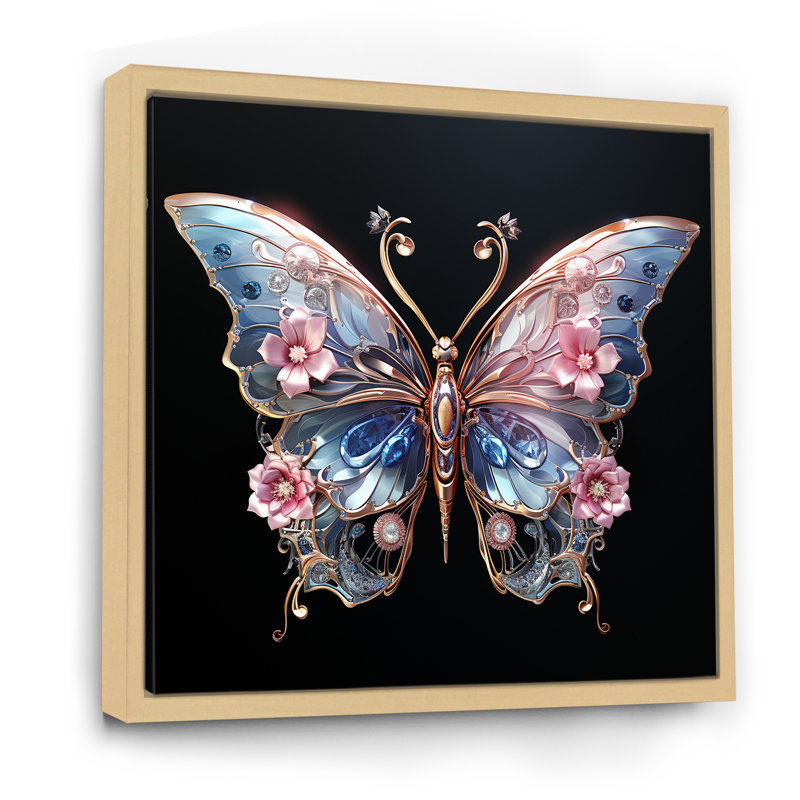«Blue and Pink Crystal Butterfly III», art mural papillon, Cadre flottant brun, H 16 po x l 16 po x P 1 po