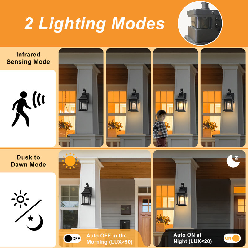 14"H Black Bronze Tempered Glass Outdoor Wall Lantern with Dusk to Dawn and Motion Sensor, Matte Black