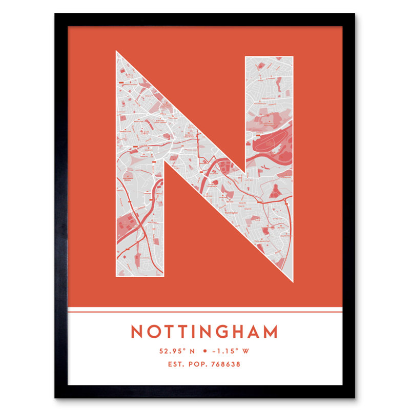 Nottingham England United Kingdom City Map Orange - Single Picture Frame Typography