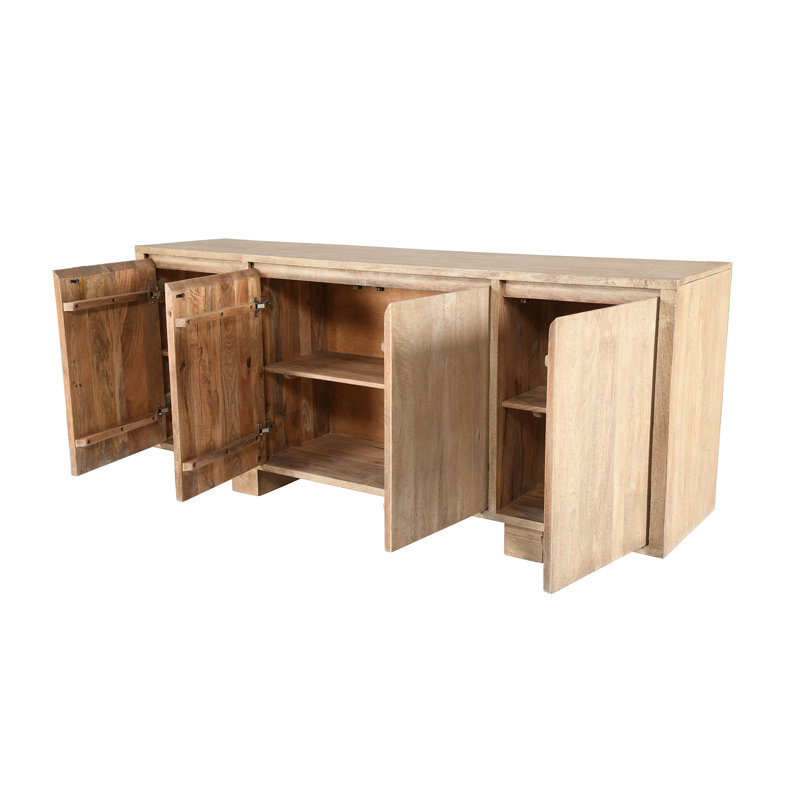 Panneau latéral en bois à quatre portes fabriqué à la main en bois massif. Finition aspect naturel de 77 po x 18 po x 34 po gris Rowan