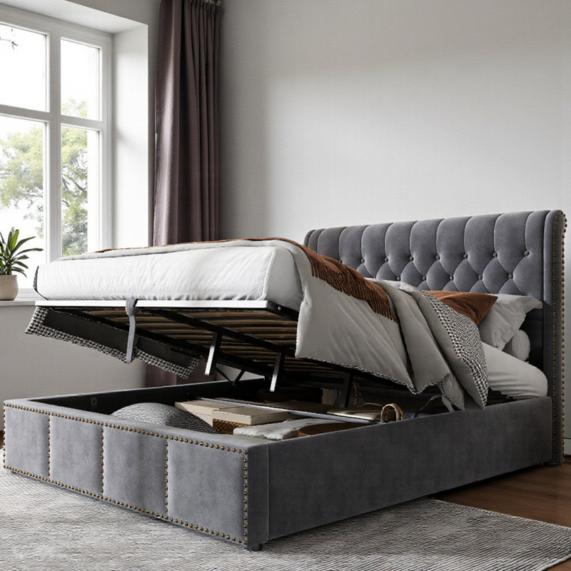 Caddo Velvet Upholstered Bed With Hydraulic Lever, Functional Storage Bed, Rivet Decoration, Grey, Double (4'6)