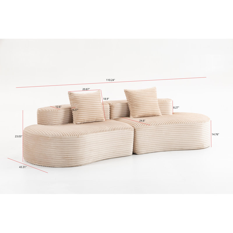 Canapé 110,24 po en velours côtelé 2 places, beige - siège profond avec 2 coussins lombaires, aucun assemblage requis (YKX-33003A-2-Beige)