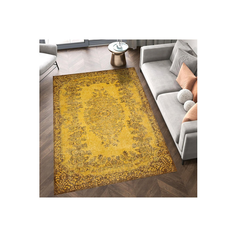 Tapis jaune délavé à motif tissé délavé à la machine, Rectangle 3 pi 3 po x 4 pi 11 po