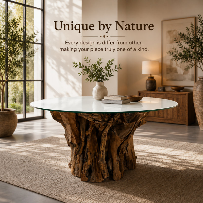 Round Glass Table Solid Wood Base Dining Table Handcrafted Root Dining Table with Tempered Glass
