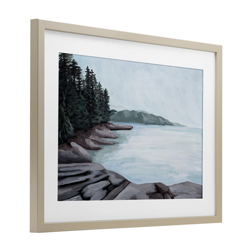 Vue rocheuse de la côte, reproduction encadrée sous verre, conception de Jelena Petric, Cadre de récolte en pin