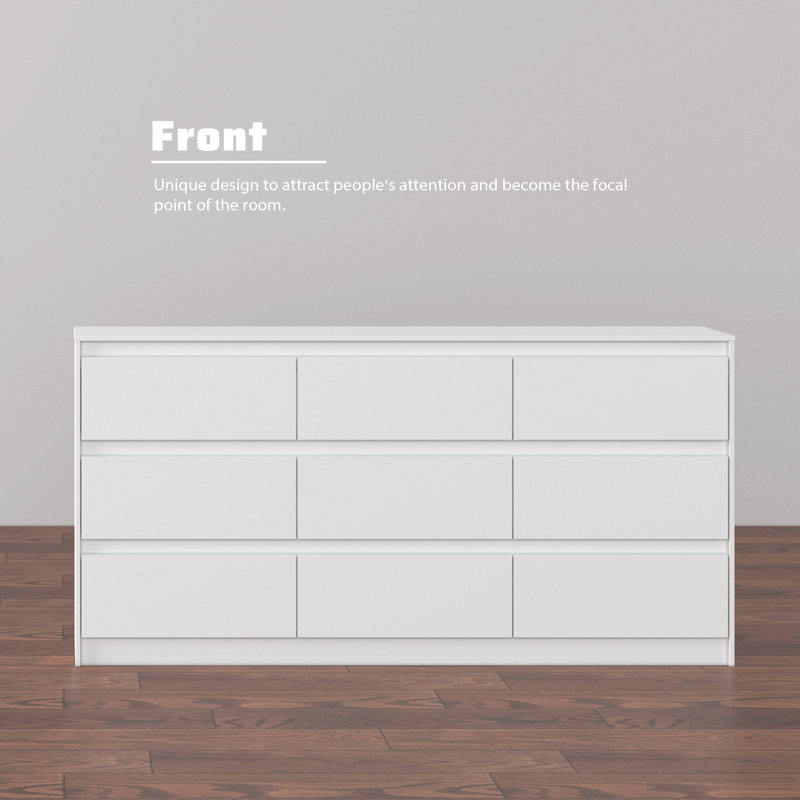 Commode 9 tiroirs 63 po de largeur, Blanc