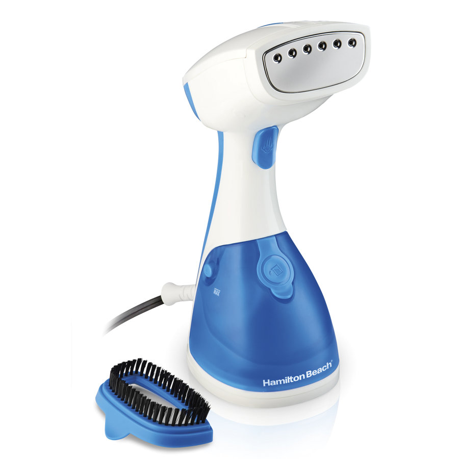 Hamilton Beachยฎ Handheld Garment Steamer 1,000 Watts White with Blue Accents