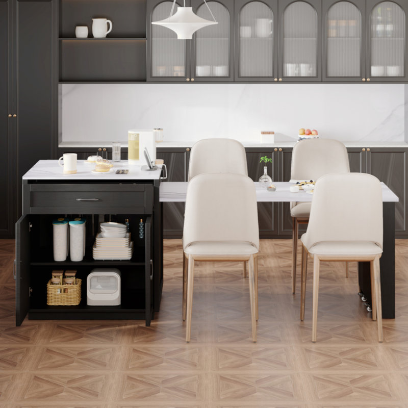 Îlot de cuisine avec table de salle à manger extensible pour 4 à 6 personnes, table de cuisine avec rangement double, prise de courant, îlot de cuisine avec rangement 2 tiroirs et 2 tablettes latérales ouvertes
