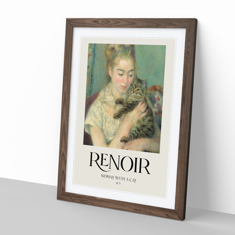 Woman with a Cat Print by Pierre-Auguste Renoir - Picture Frame Painting, Walnut, 48cm H x 36cm W x 2cm D