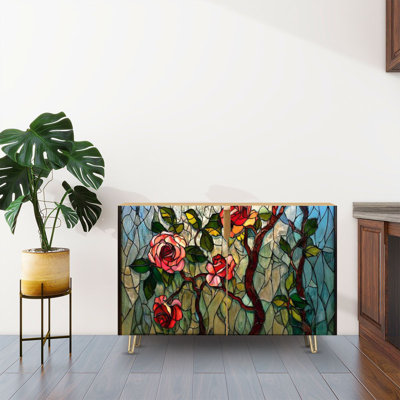 Sideboard Buffet Cabinet with Storage Floral Stained Glass Window Panel Red Roses Green Leaves Flowering with 2 Doors for Living Room and Kitchen