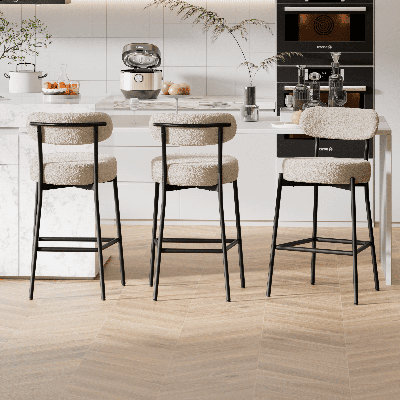 Sherpa Counter Height Bar Stools Set of 3 Modern Upholstered Barstools with Curved Open Back/Round Seat Boucle Comfortable Bar Chairs for Kitchen Island, 24.6 Inch